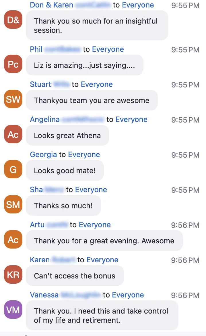 Members thanking the team in a live coaching session