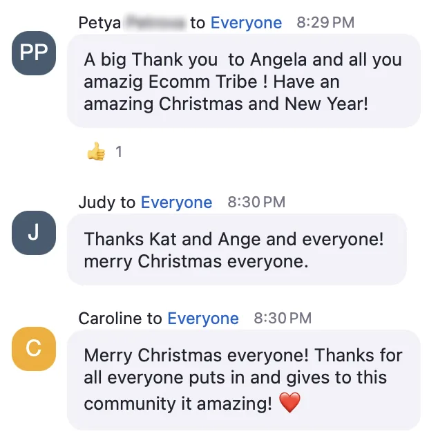 Members thanking Angela, Kat and the community