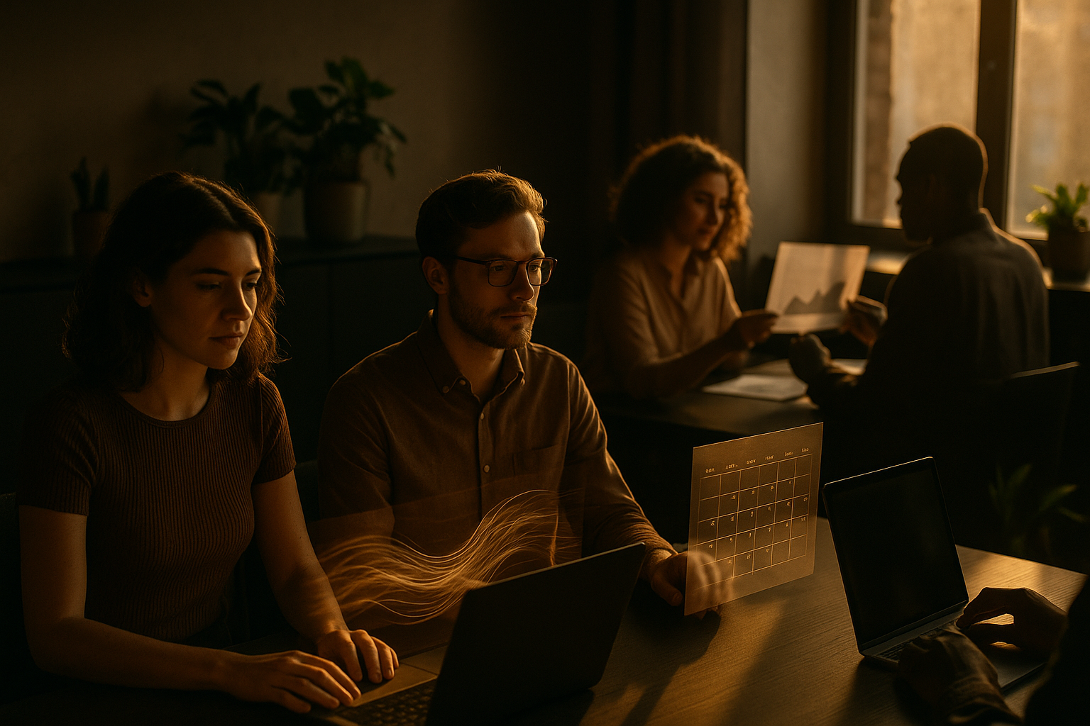 Candid co-working loft with green plants, data streams, calendars, and silhouettes in warm natural light.