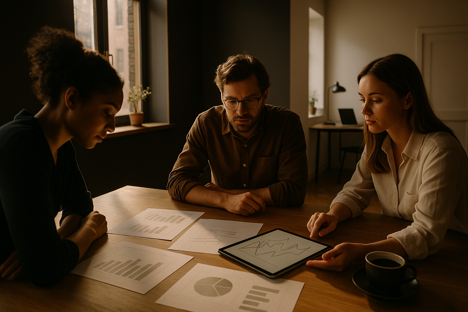 Candid group discussing graphs and coffee in a bright, minimal co-working loft with warm tones.