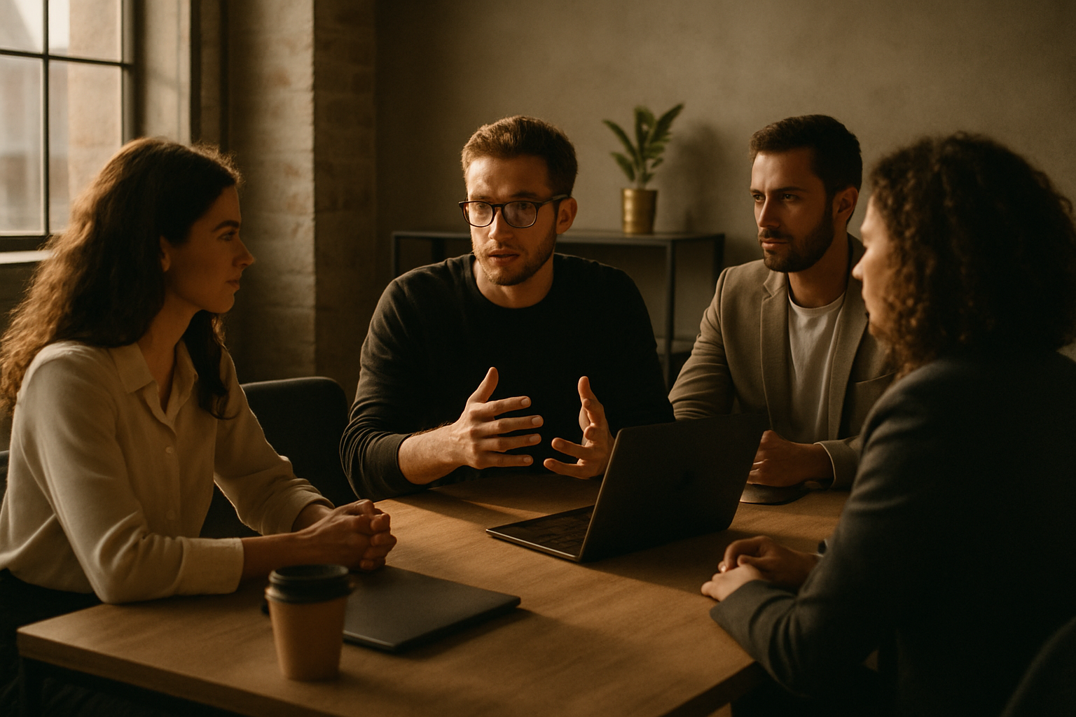 Candid group of professionals discussing around a minimalist table in a modern loft workspace.