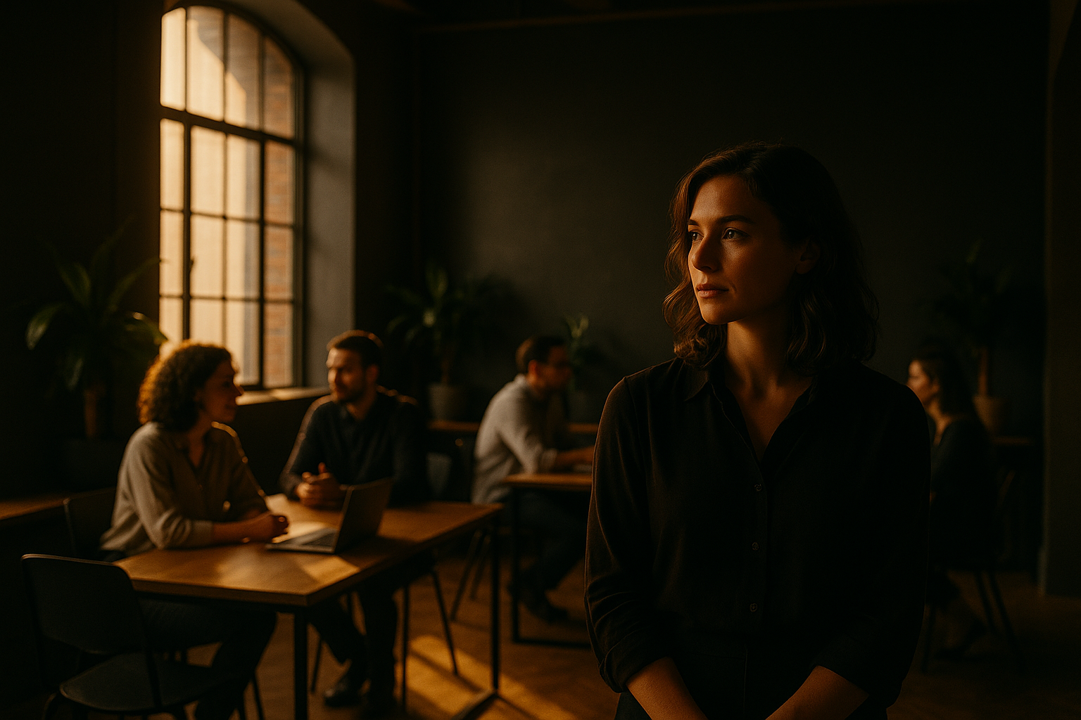 Candid loft scene with groups and a portrait, warm lighting, natural wood, and subtle green accents.