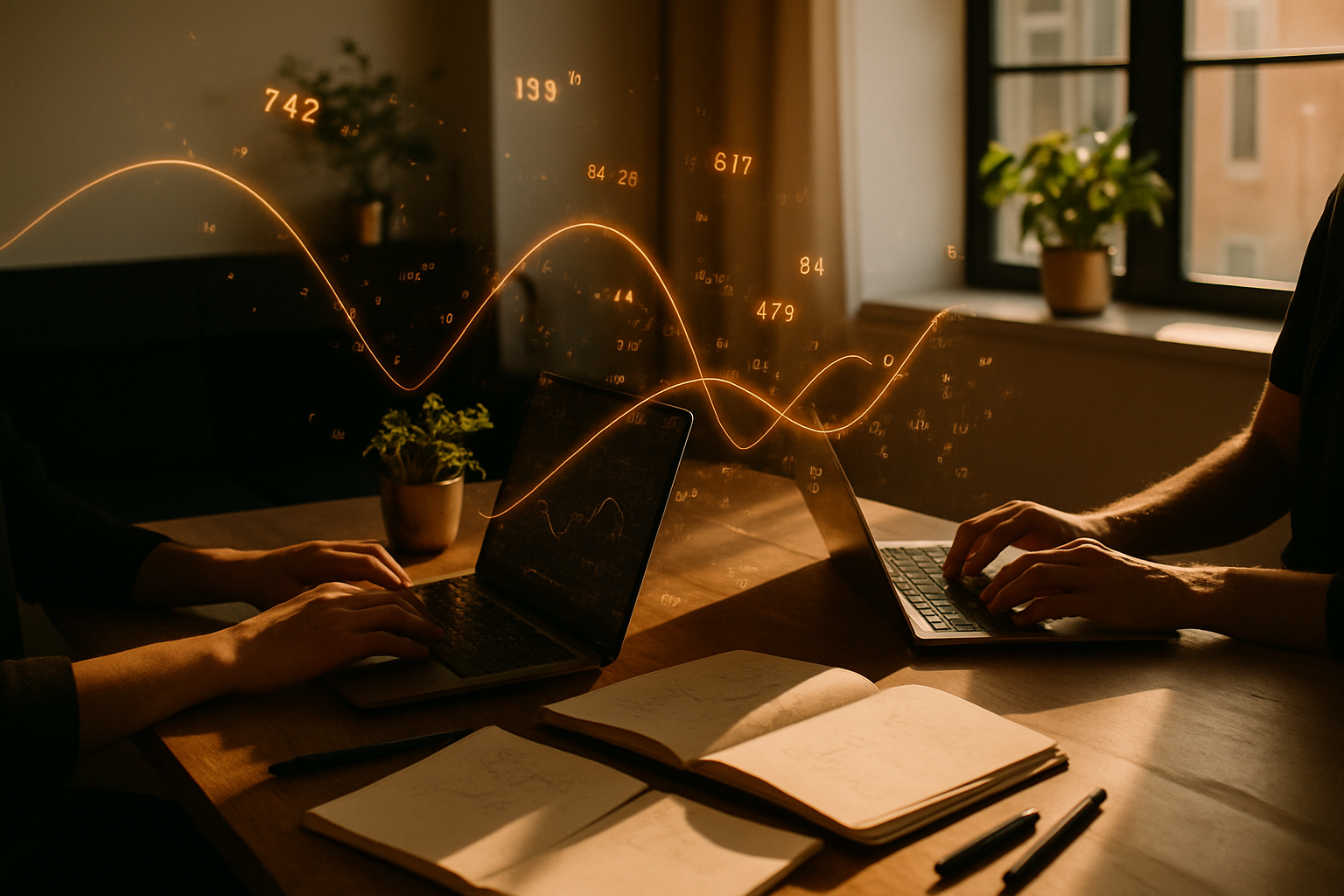 Candid loft scene with hands working over notebooks, surrounded by data visuals and greenery.