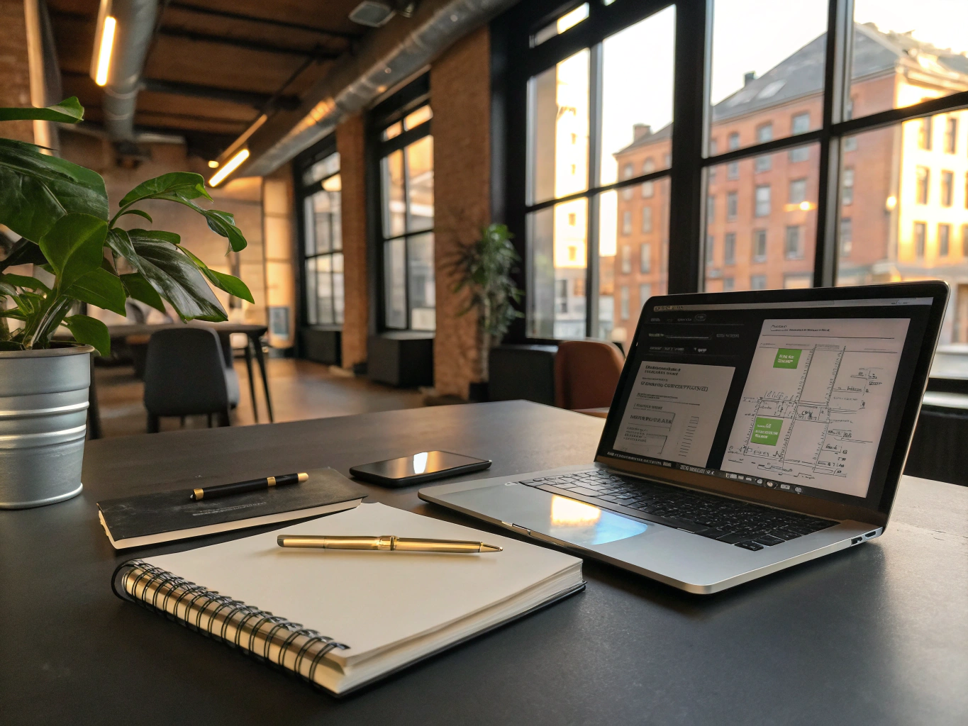 Candid loft scene with laptop, notebooks, pen, plant, and warm natural lighting.