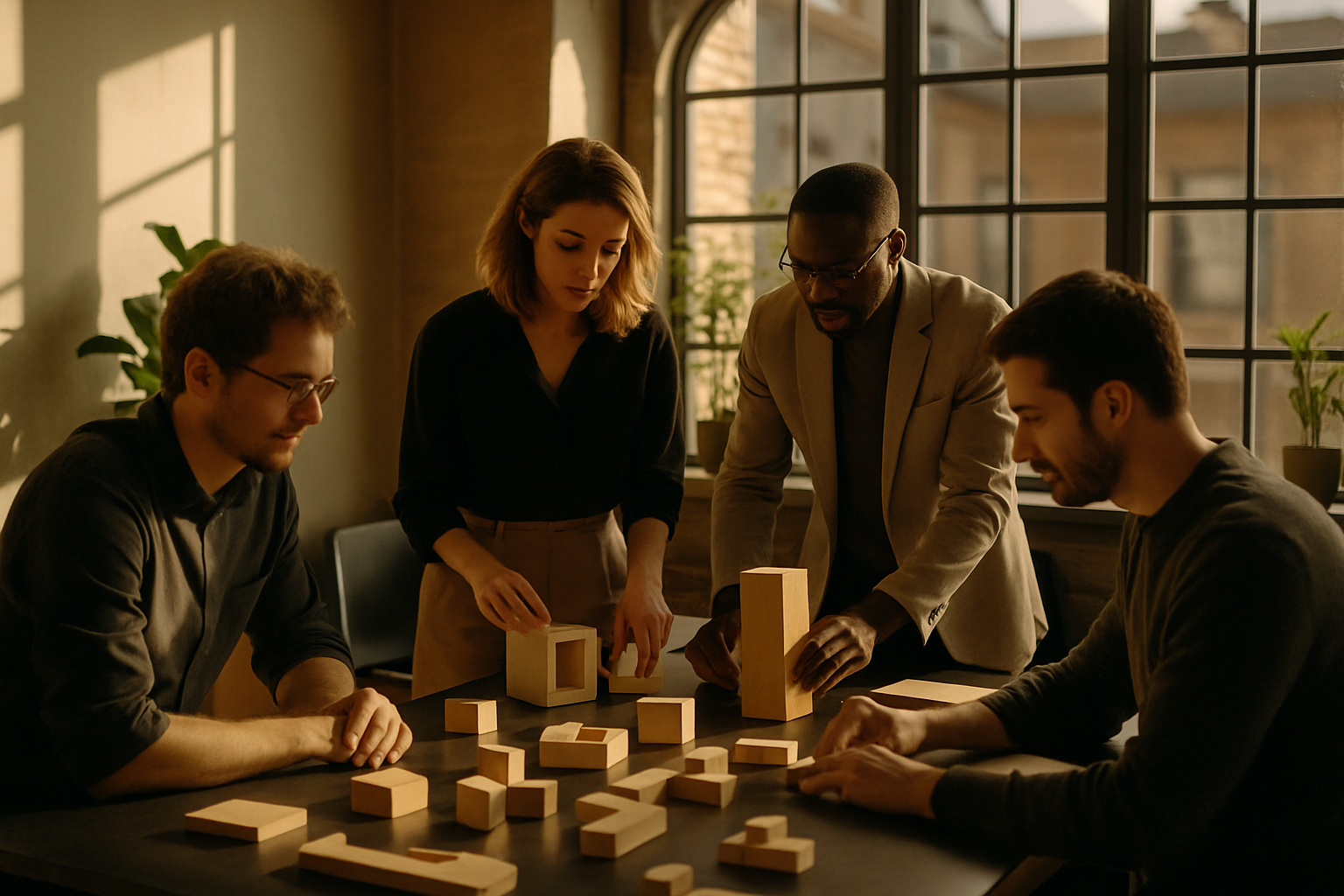 Candid scene of people collaborating with geometric wooden shapes in a modern, minimalist loft.