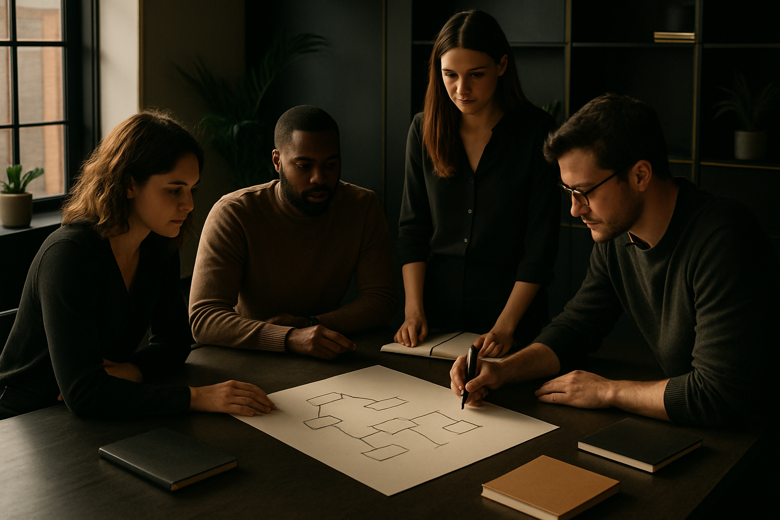 Candid team meeting in modern loft with hands over notes, surrounded by plants and warm lighting.