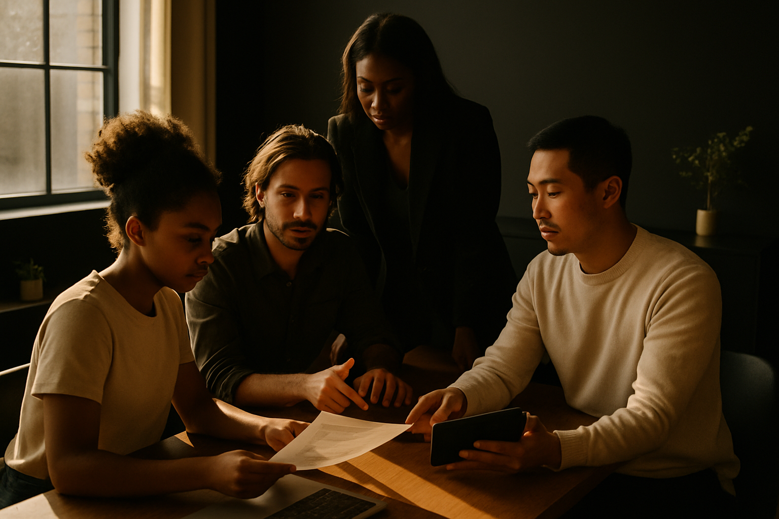 Diverse group collaborating in modern loft with warm lighting, papers, devices, and subtle gestures