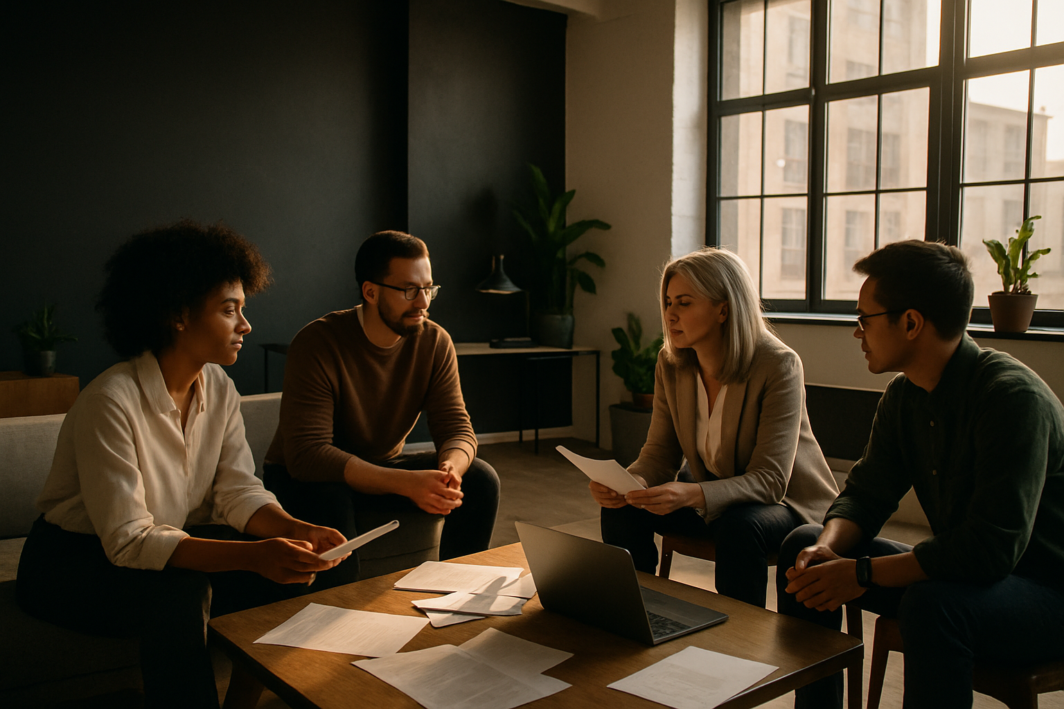 Diverse professionals collaborating around papers and laptops in a modern, well-lit loft space.
