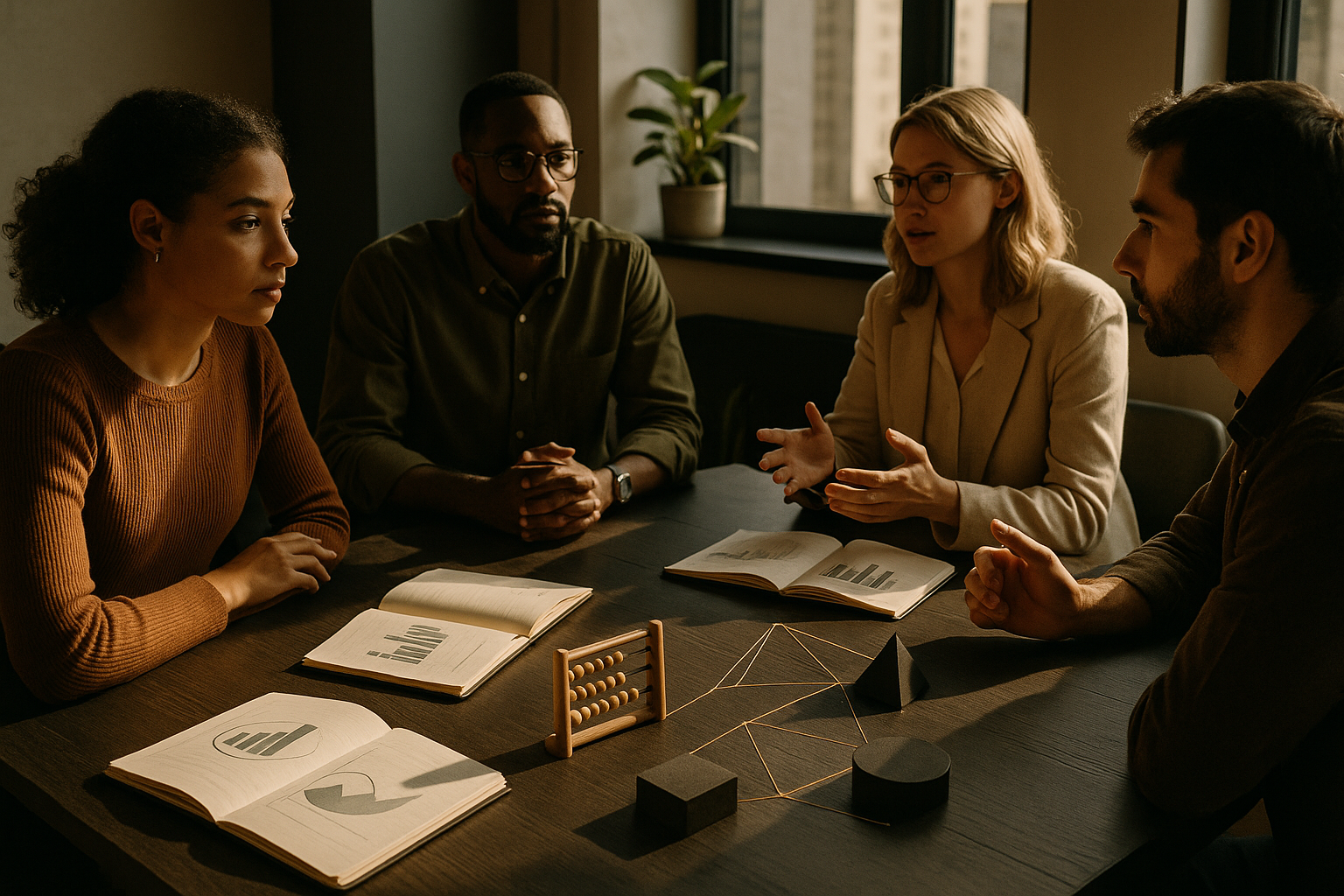 Diverse professionals discussing growth symbols in a modern loft with notebooks, wooden abacus, and gold accents.