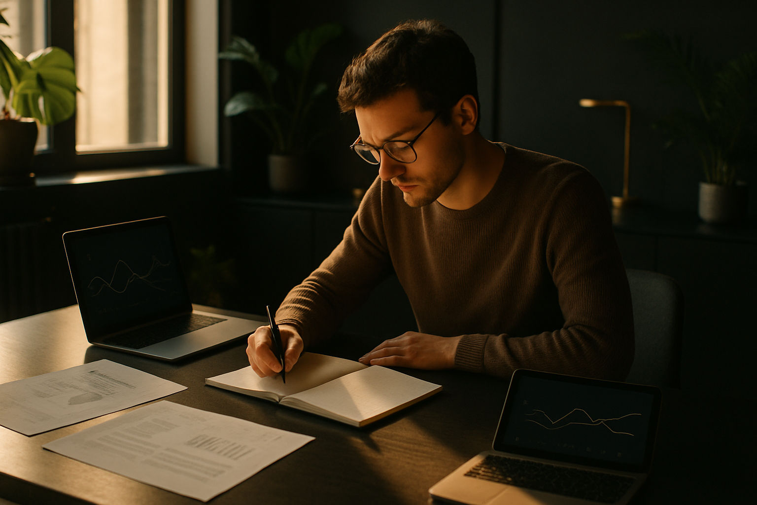Focused individual analyzing data amid notebooks and digital devices in a modern, warmly lit co-working loft.