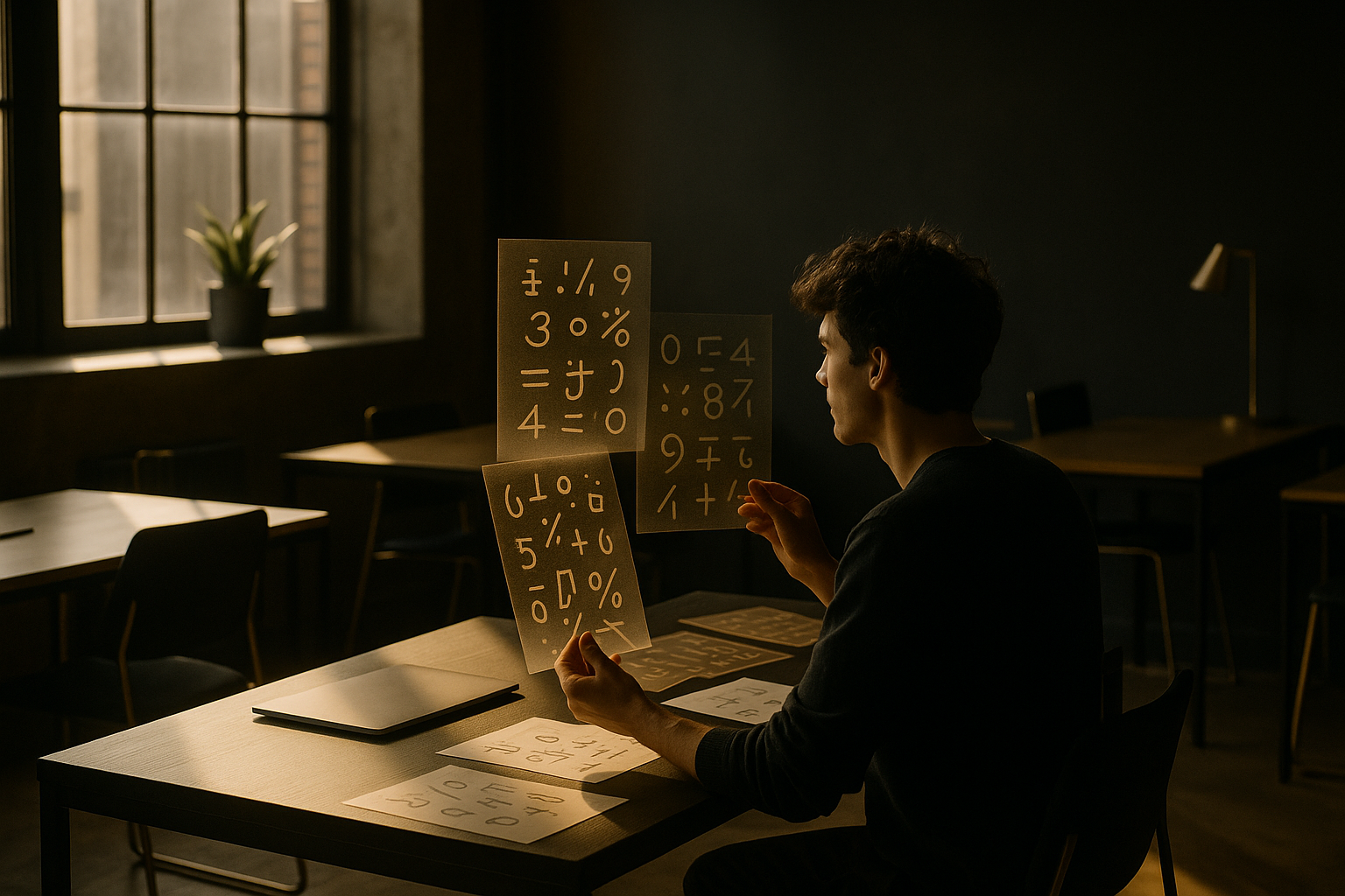 Focused individual studying floating symbols in a modern, minimalist co-working loft with warm natural light.