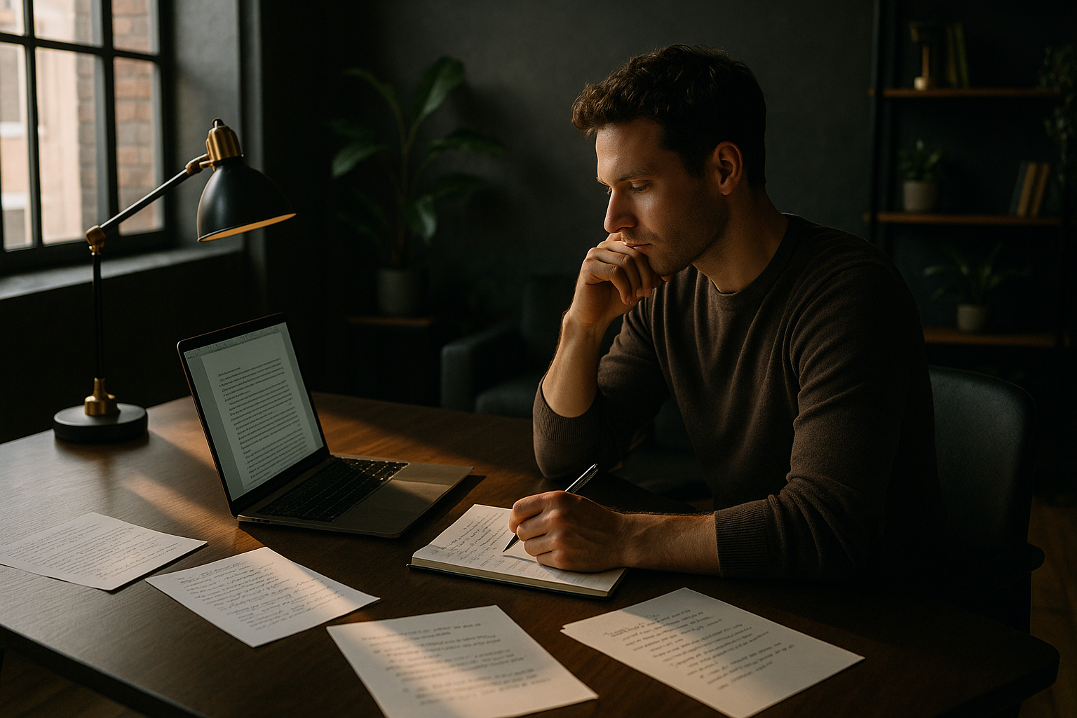 Focused individual working at desk with notes and laptop in modern loft setting, warm lighting.