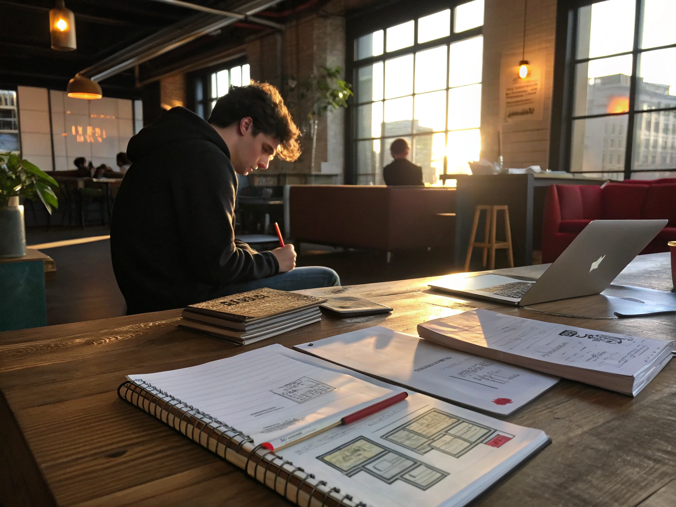 Focused individual working at laptop in modern loft with notebooks and sketches, warm natural light.