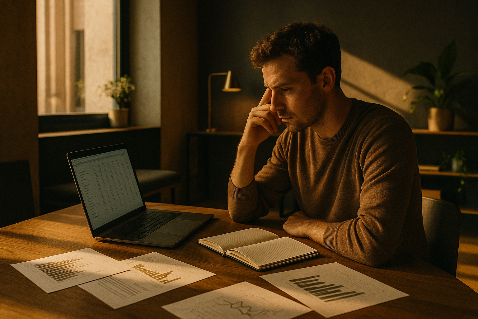 Focused individual working with notebooks, charts, and laptop in warm, minimalist co-working loft.