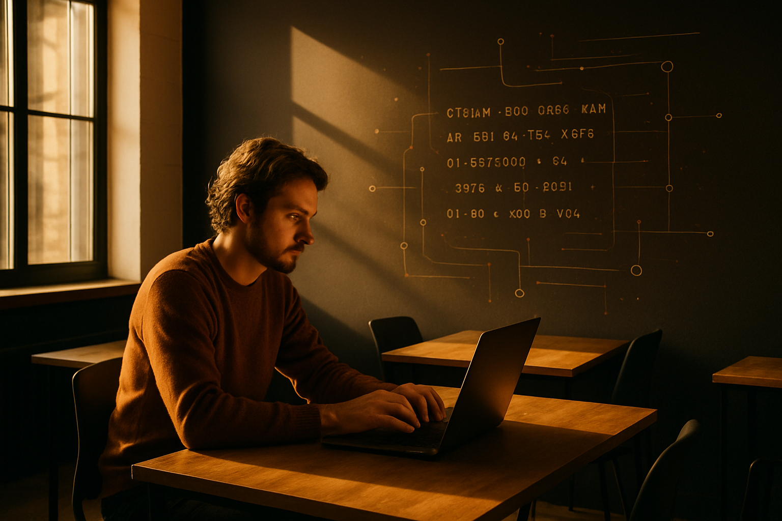 Focused person analyzing abstract digital code in a modern, sunlit loft with minimalist design.