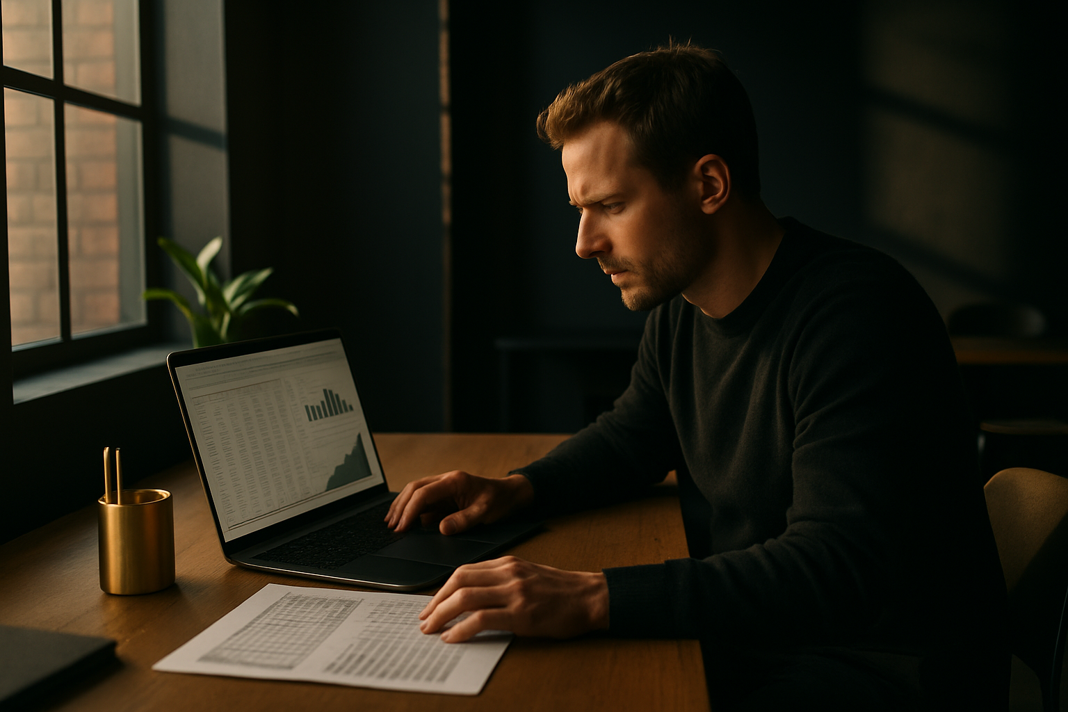 Focused person reviewing spreadsheets on laptop in modern loft with green plant and gold accents.