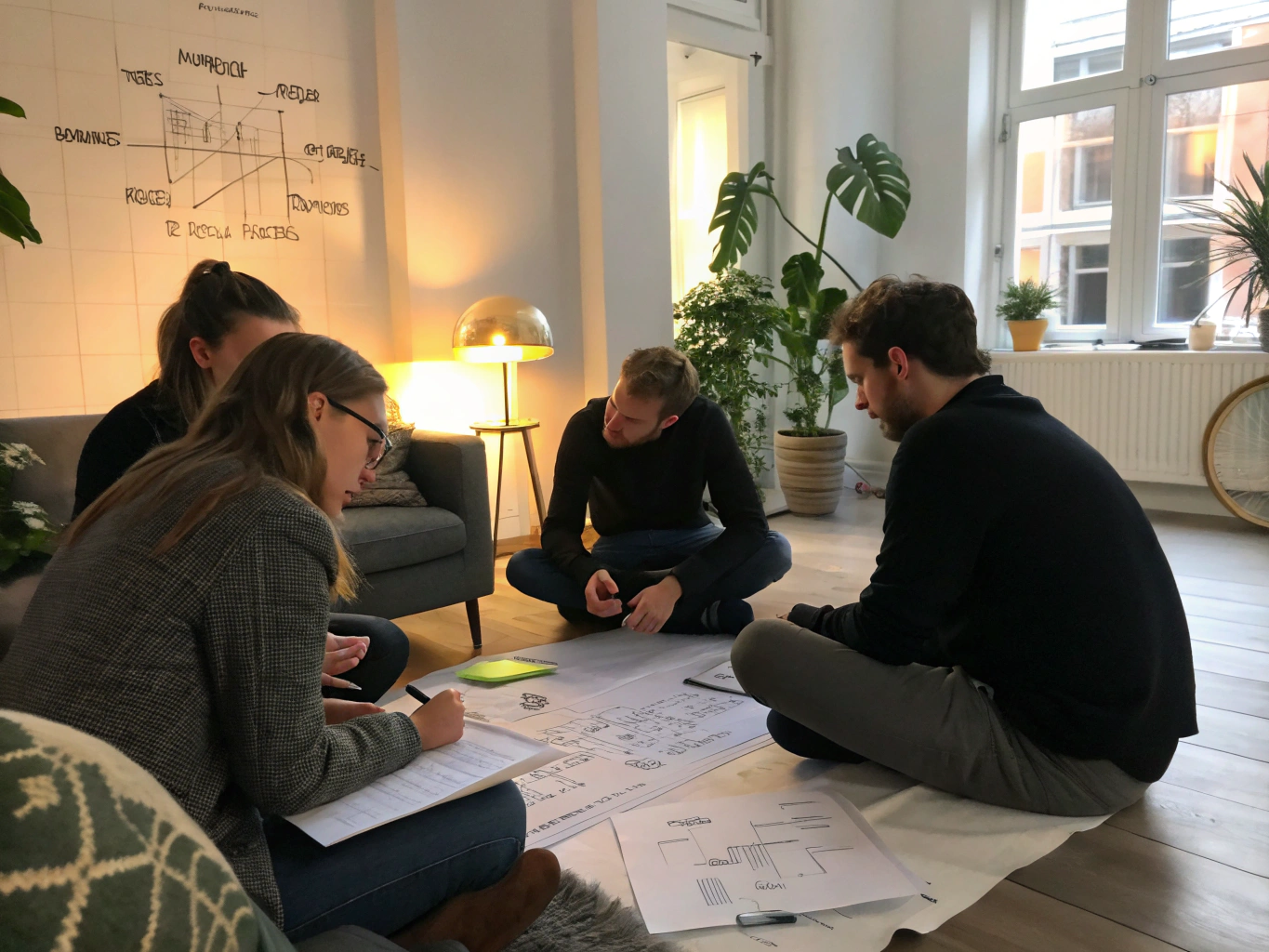 Group discussing with notes and laptop in a modern, softly lit co-working loft.