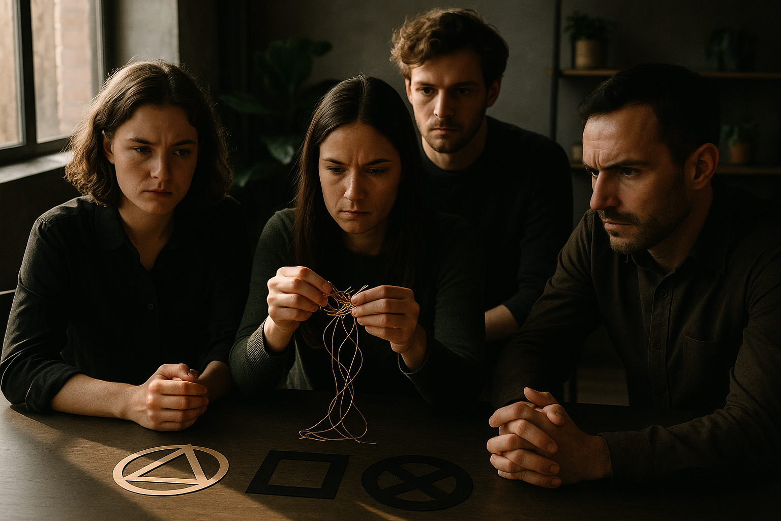 Group of people with intertwined hands amid abstract symbols in a warm, modern loft.