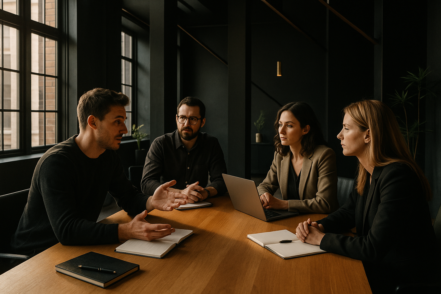 Group of professionals discussing around a wooden table in a modern, sunlit loft with minimalist decor.