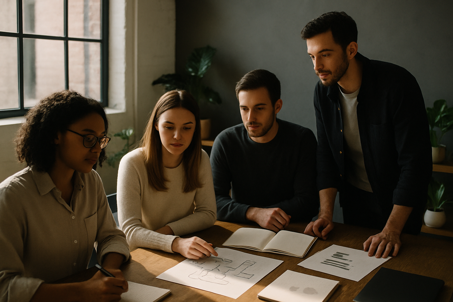 Group of thoughtful professionals in a modern loft with notebooks, charts, and plants.