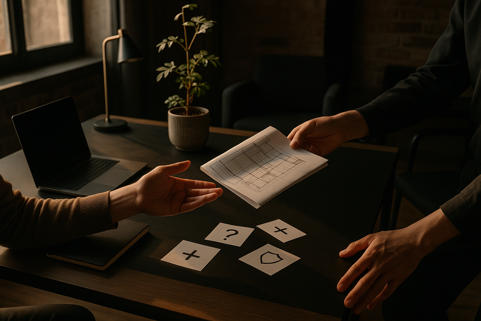 Hands exchange blueprints and index cards in a modern loft workspace with plants and warm lighting.