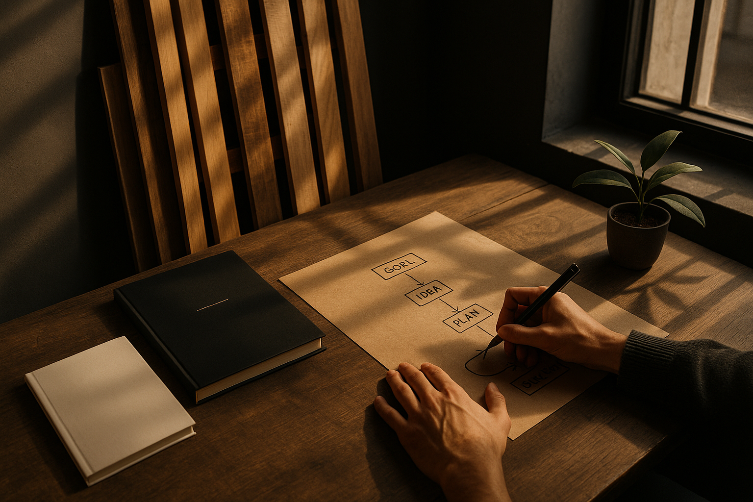 Hands sketching diagrams on kraft paper in a modern co-working loft with natural light and warm tones.