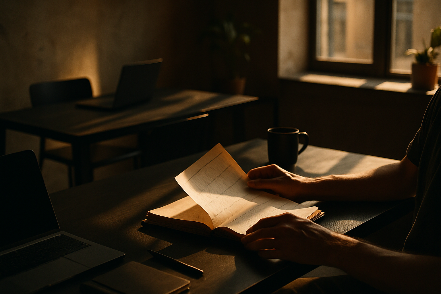 Hands turning pages on a worn calendar in a warm, modern loft with shadows and natural light.