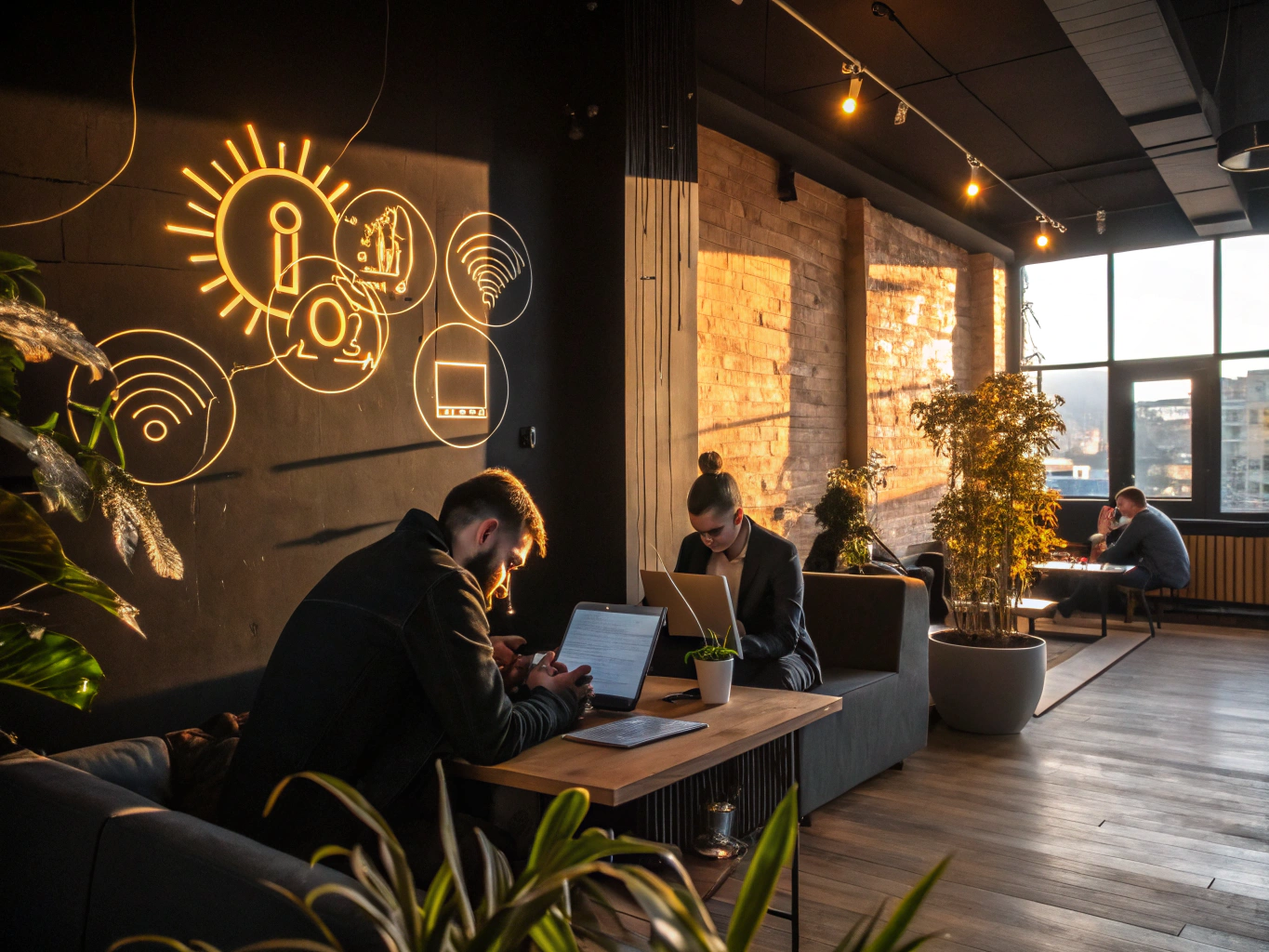Professionals exchanging glowing light threads in a modern loft with warm, earthy tones and layered shadows.