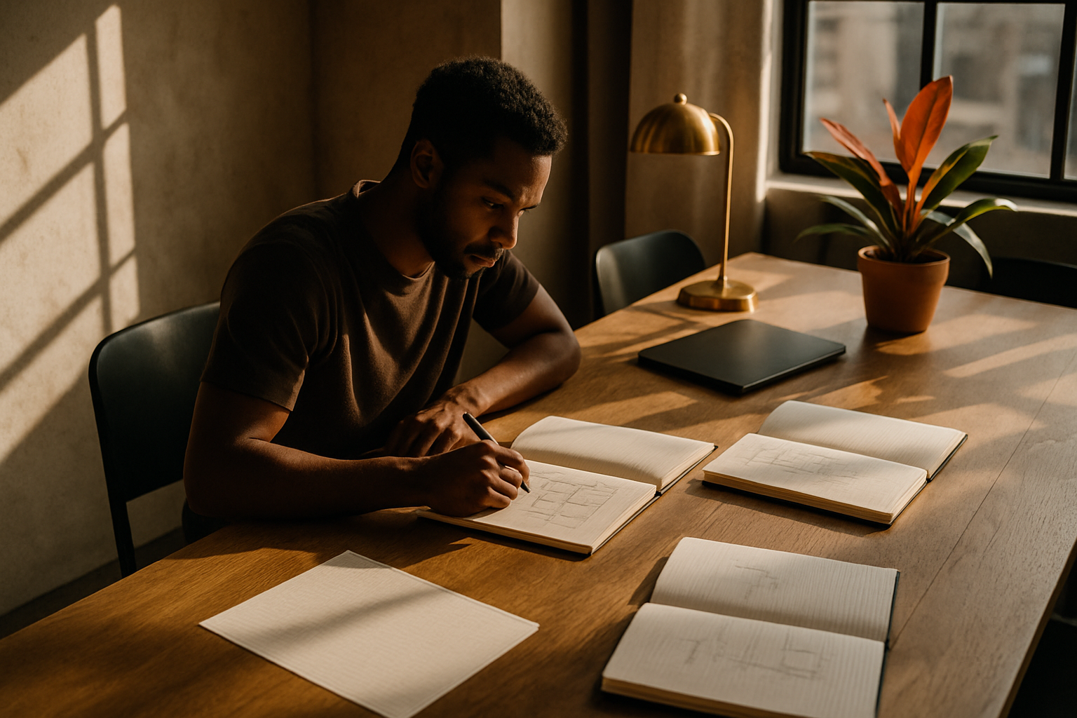 Quiet workspace with notebooks, graph paper, and a plant in warm, modern loft lighting.