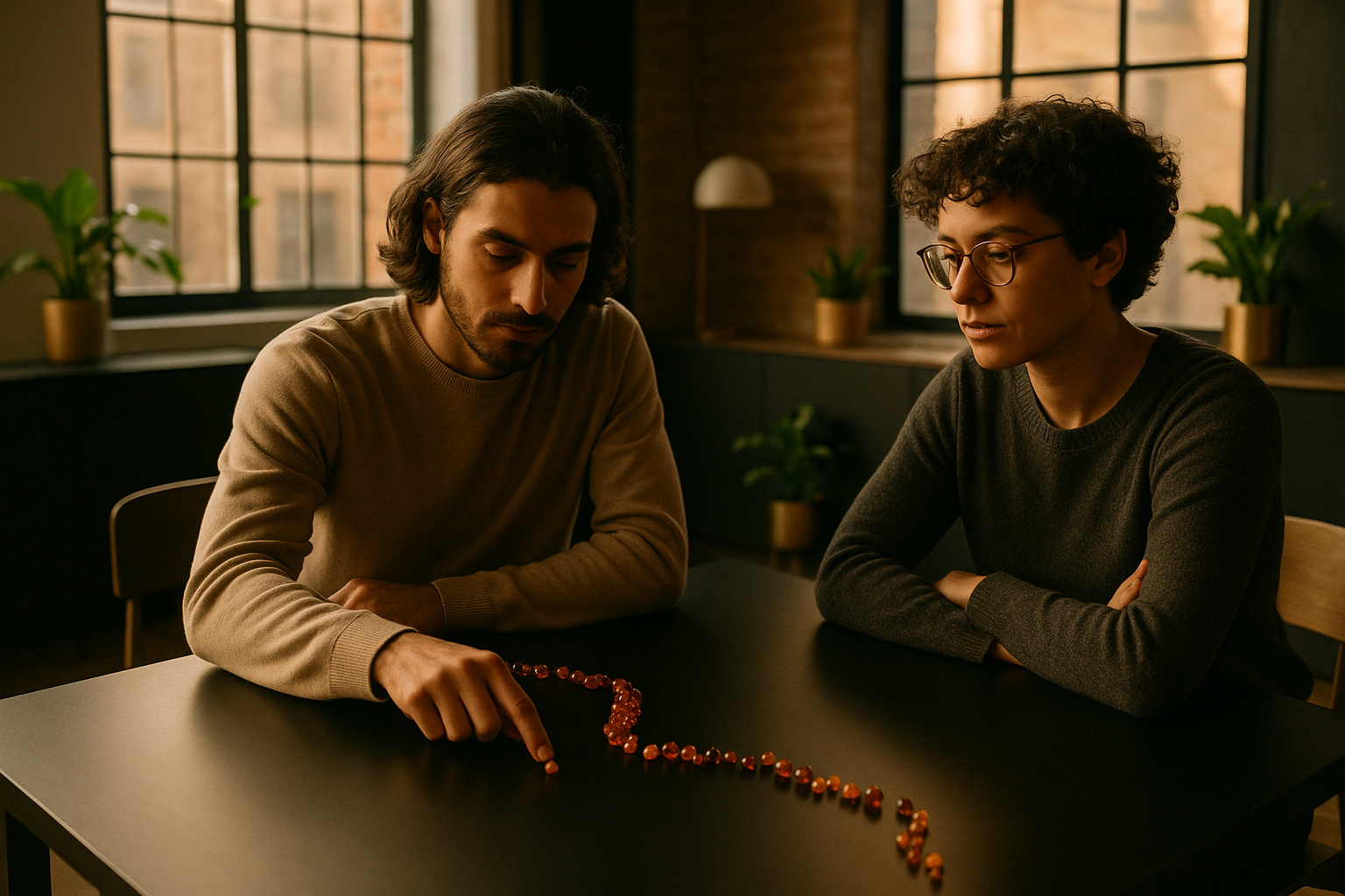 Two individuals at a black table, one tracing orange beads, in a modern loft with warm lighting.
