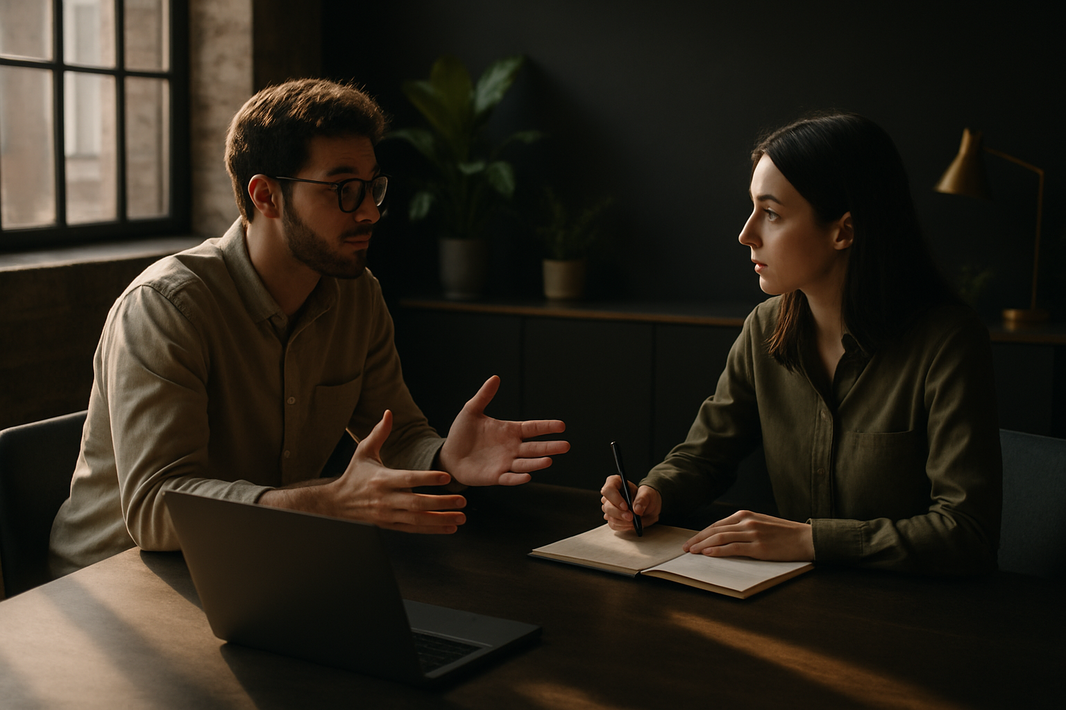 Two people discussing in a modern loft with natural light, notes and gestures highlighting focus.