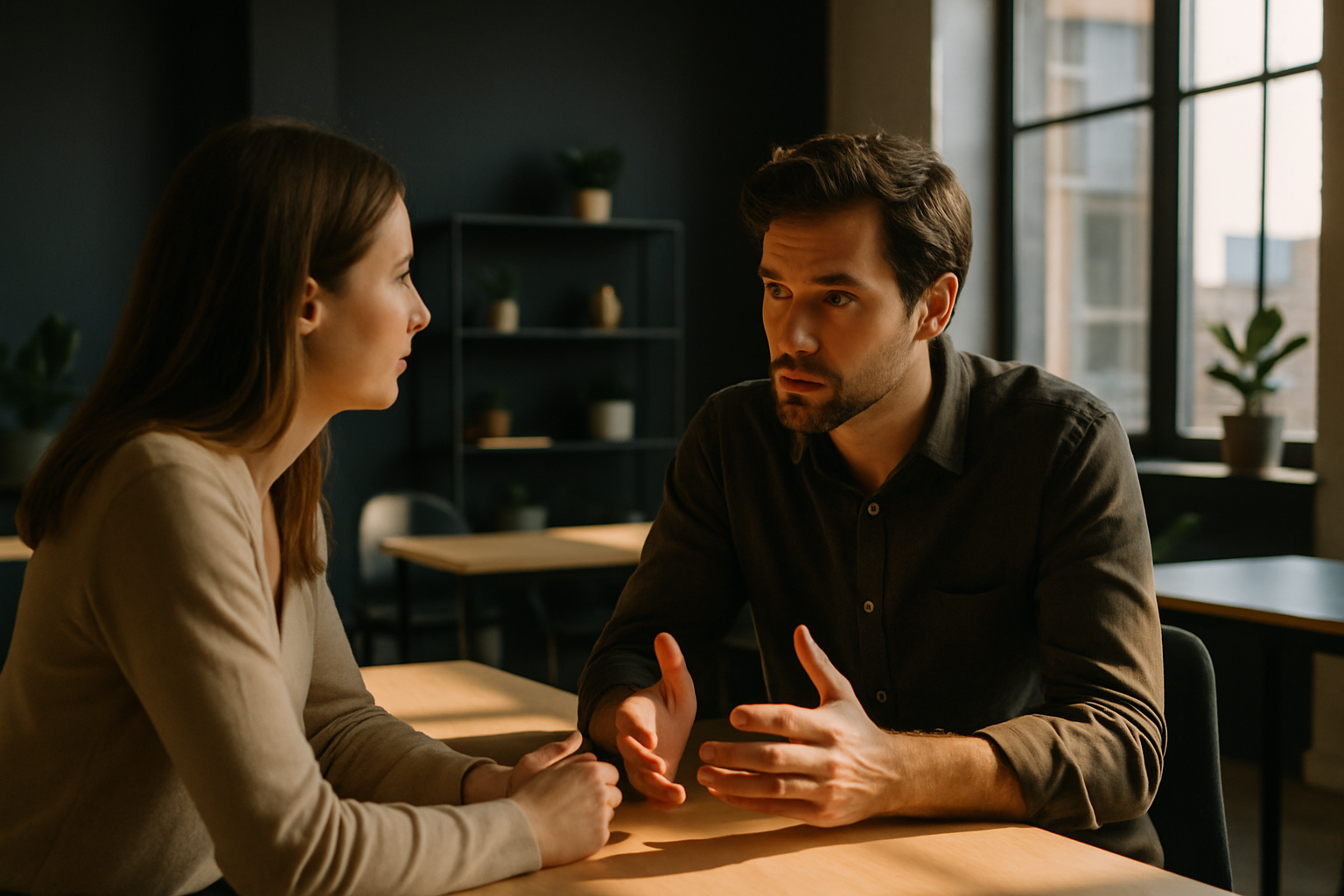 Two people in a co-working loft engaged in a focused, intentional conversation with natural light.